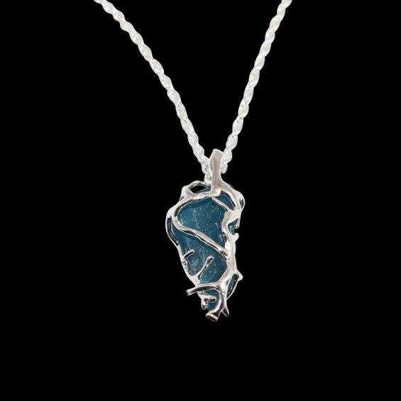 Deep cobalt sea glass wrapped in silver necklace