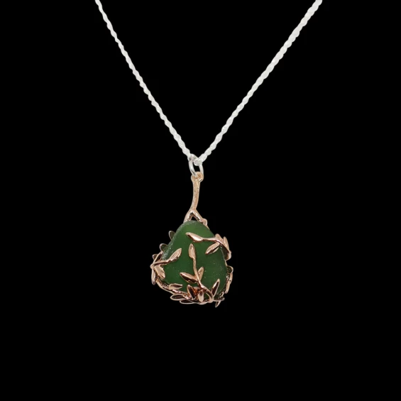 Green sea glass wrapped in gold branches necklace