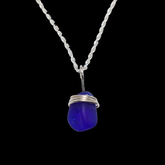 Sterling Silver wrapped small cobalt sea glass necklace