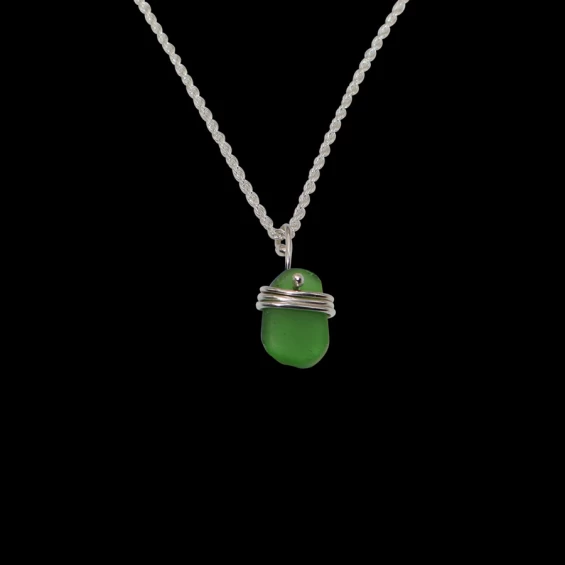 Sterling silver wrapped small green sea glass necklace