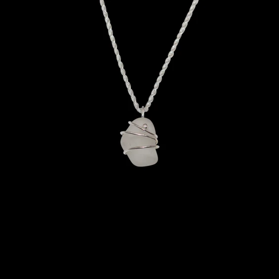 Frosted sea glass necklace with 3 silver wraps