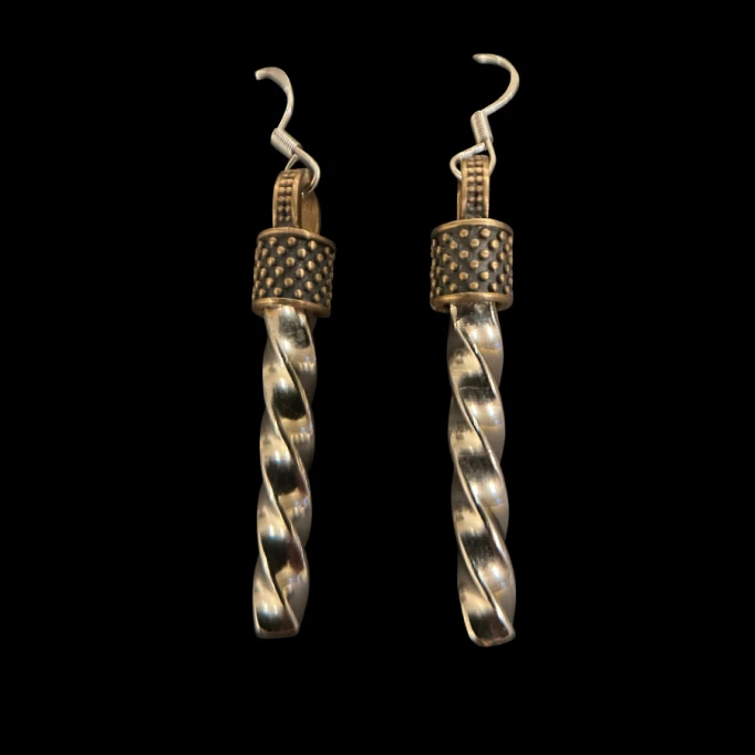 Polished Brass and sterling silver twisted earrings.