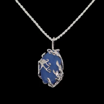 Silver leaves and cobalt sea glass necklace