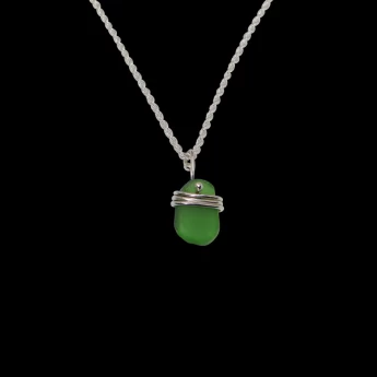 Sterling silver wrapped small green sea glass necklace