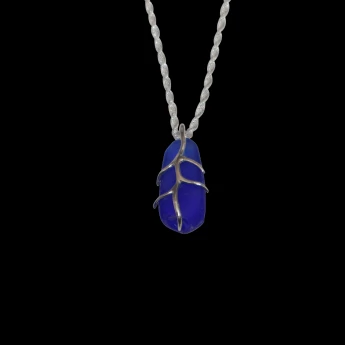 Rich blue sea glass wrapped in sterling silver branches necklace