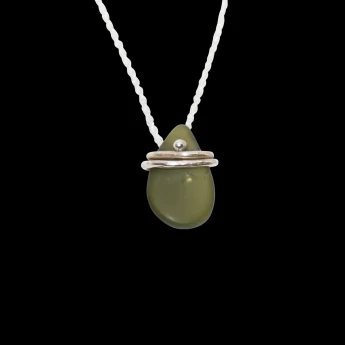 deep green sea glass wrapped in silver wire and hung with a sterling silver rope chain