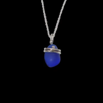 Blue glass square silver wrapped necklace