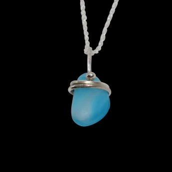 Exotic light blue sea glass wrapped in silver necklace