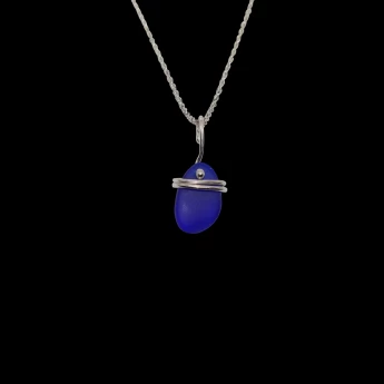 Deep cobalt sea glass necklace with 2 sterling silver wraps 