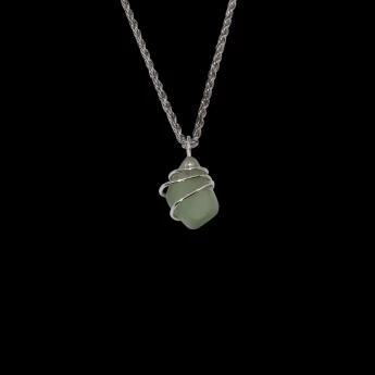 Small pale green sea glass necklace wrapped in 3 strands of silver