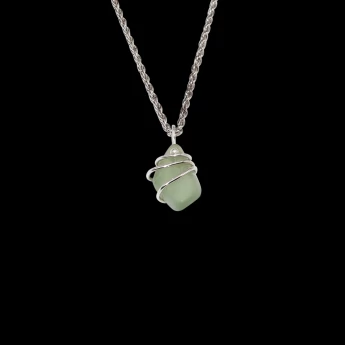Small pale green sea glass necklace wrapped in 3 strands of silver