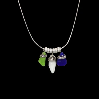 Tri-colored sea glass necklace with sterling silver wraps and chain