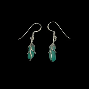Green sea glass earrings wrapped in silver branches