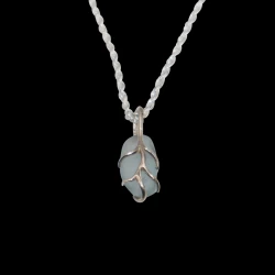 Blue sea glass necklace with sterling silver branches 