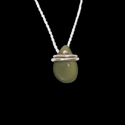 deep green sea glass wrapped in silver wire and hung with a sterling silver rope chain