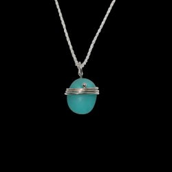 Aqua blue sea glass necklace with sterling silver wraps