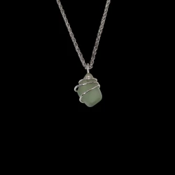 Small pale green sea glass necklace wrapped in 3 strands of silver