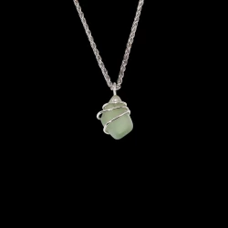 Small pale green sea glass necklace wrapped in 3 strands of silver
